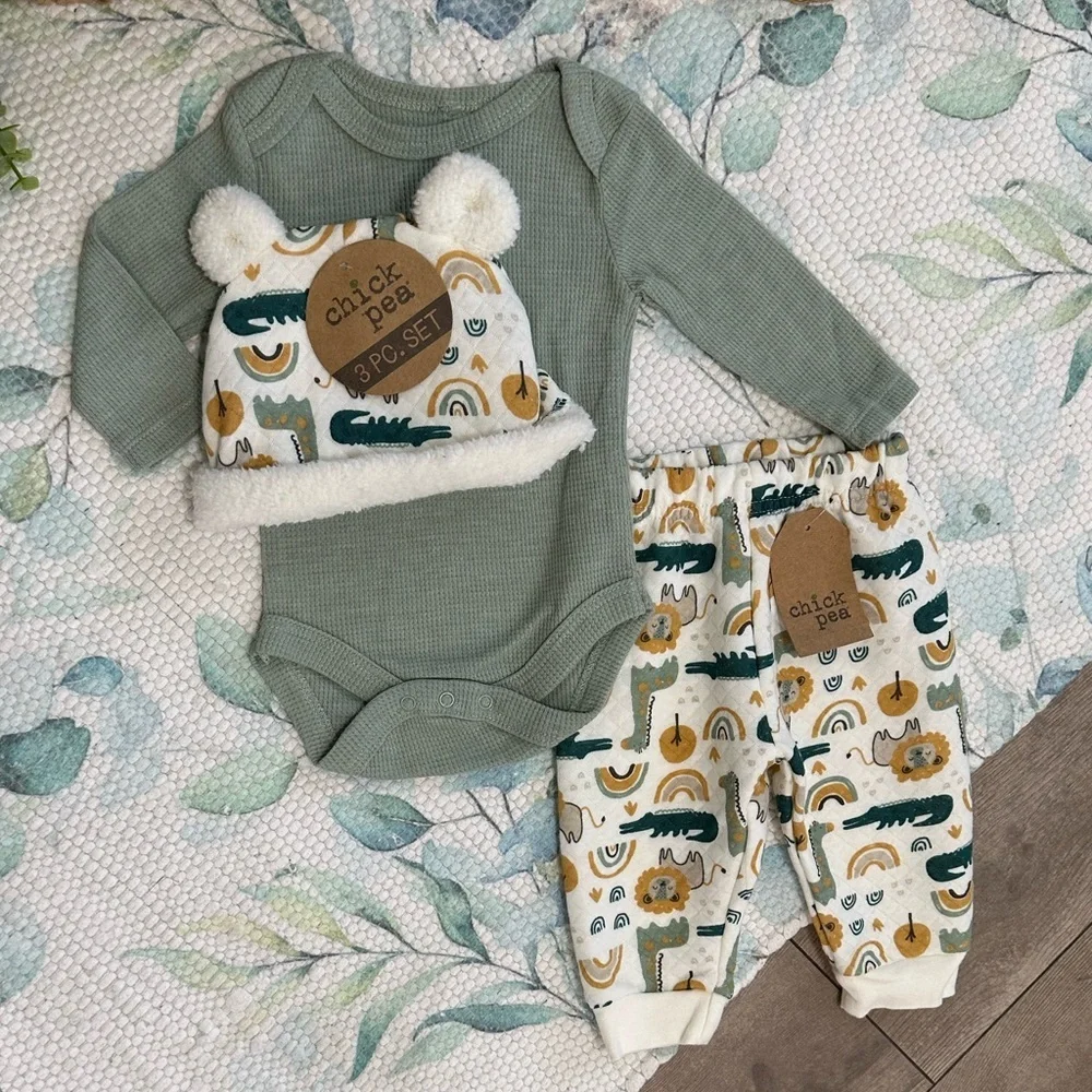 New Chick Pea Baby Boy 3 Piece Cozy Modern Boho Outfit Set 0-3 Months
